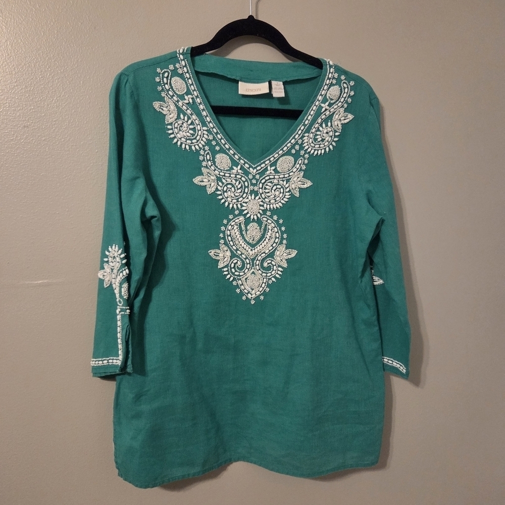 Chico’s Womans Green Linen Blend Beaded Tunic Top. Sz M Resortwear Swim Cover Up - Picture 2 of 9